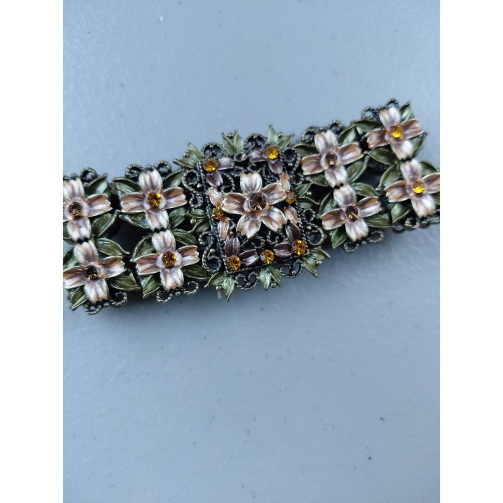Vintage 1980s Enamel On Bronze Floral Flower Open Panel Link Bracelet Fairy Chic - Picture 8 of 8